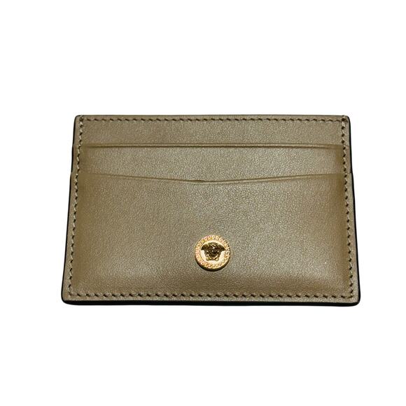 Versace Card Case Holder Wallet Men's Beige Smooth Leather Gold Tone Logo NIB - Picture 1 of 4